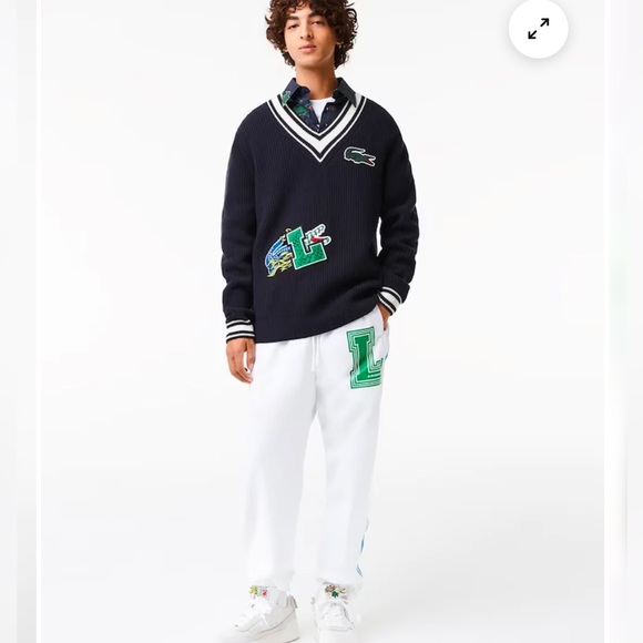Lacoste NWT 100% Wool Holiday Comic Badge Striped V-Neck Sweater 5 Large - Picture 2 of 13